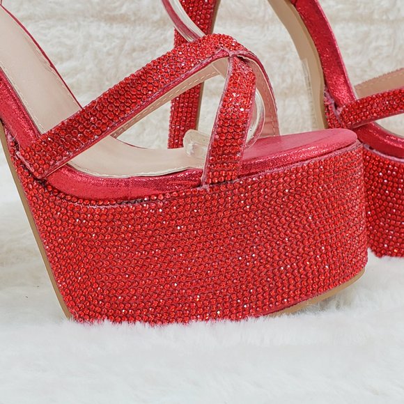 Bejeweled Pandora Bright Red Sparkling Rhinestone Platform 6.5" Heels Shoes - Picture 13 of 17